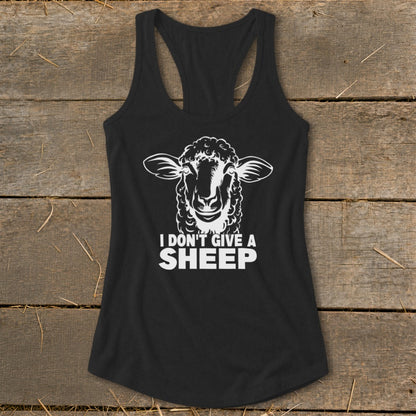 Black tank top with a white graphic of a sheep and text "I DON'T GIVE A SHEEP".