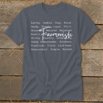 T-shirt with "Farmer" in large script and descriptive words like Earthy, Humble, and Rooted.