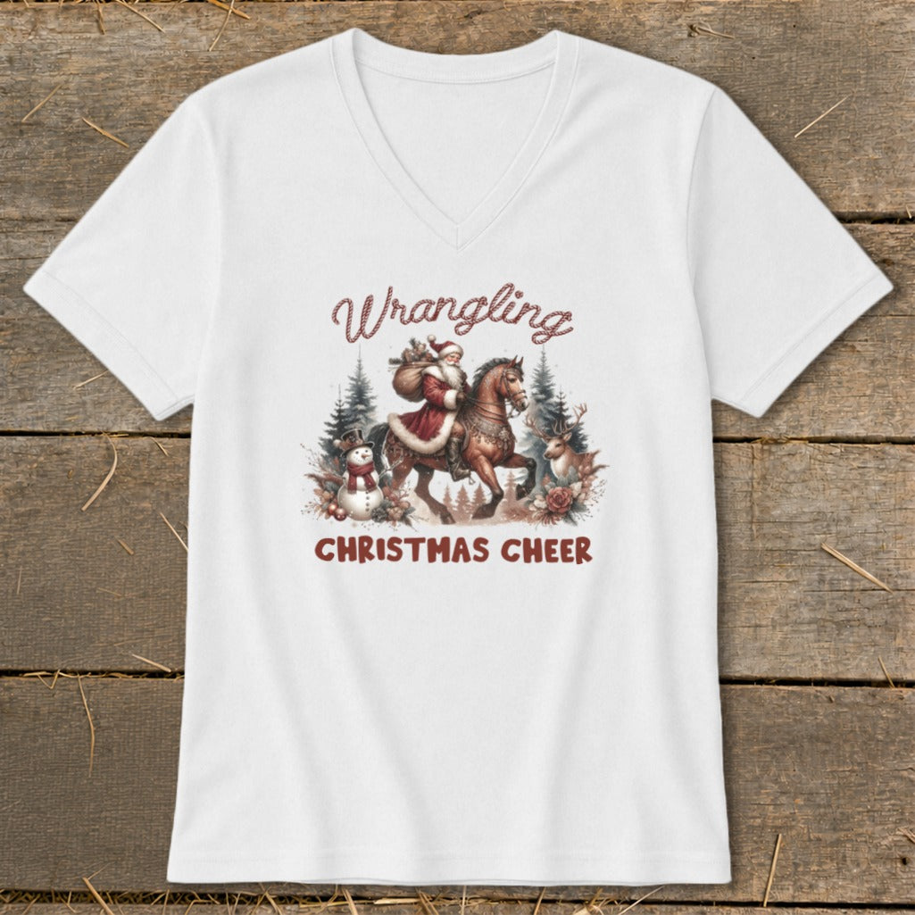 Santa riding a horse with a snowman and reindeer, with text "Wrangling Christmas Cheer".