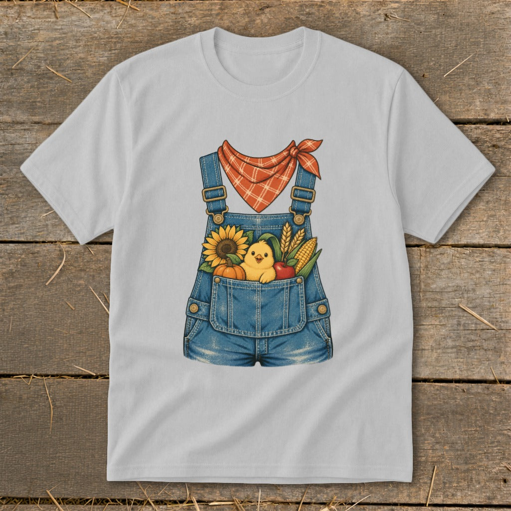 Light gray t-shirt with a denim overall graphic featuring a chick and autumn harvest items.