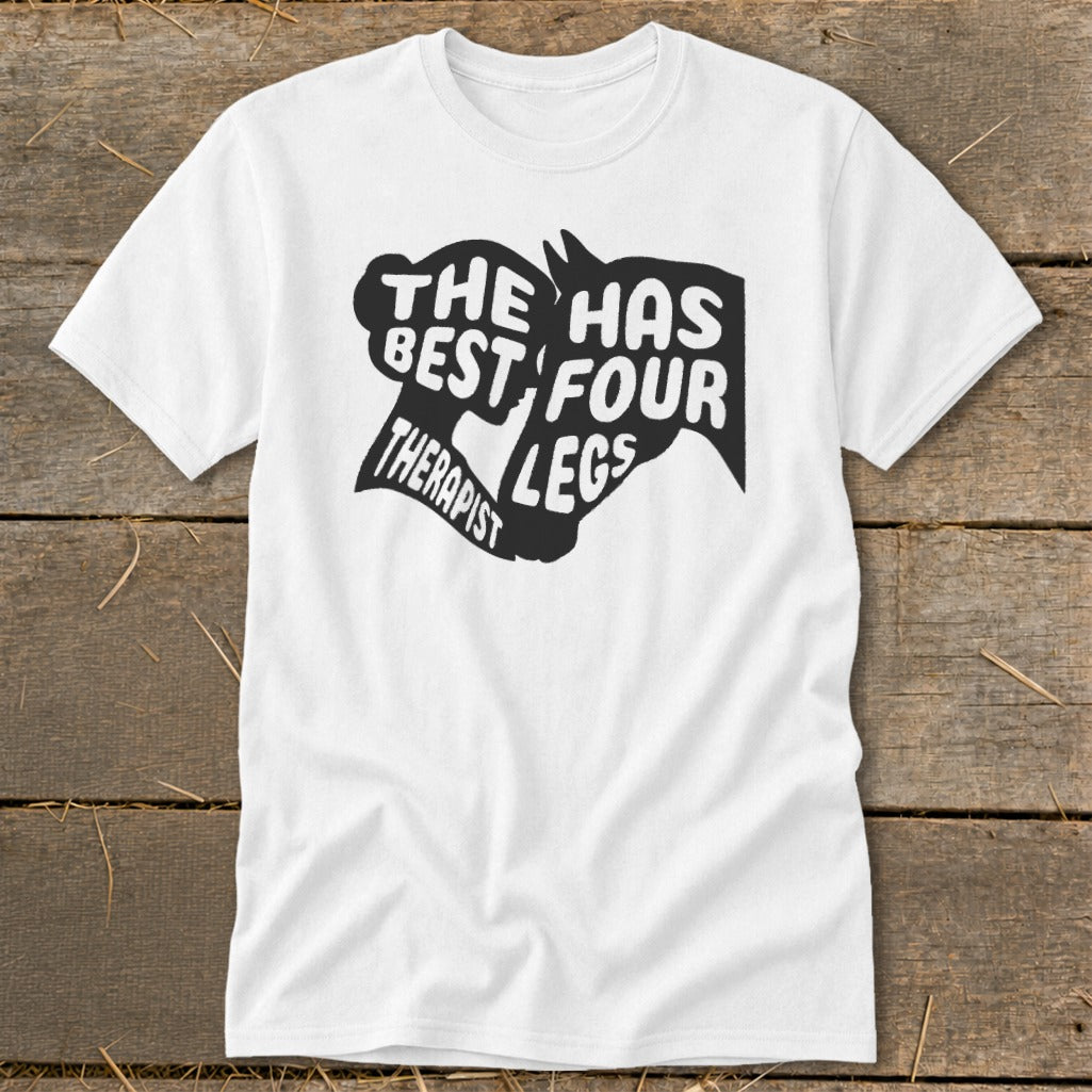 White t-shirt with black text and horse head graphic: "The horse has the best therapist four legs"
