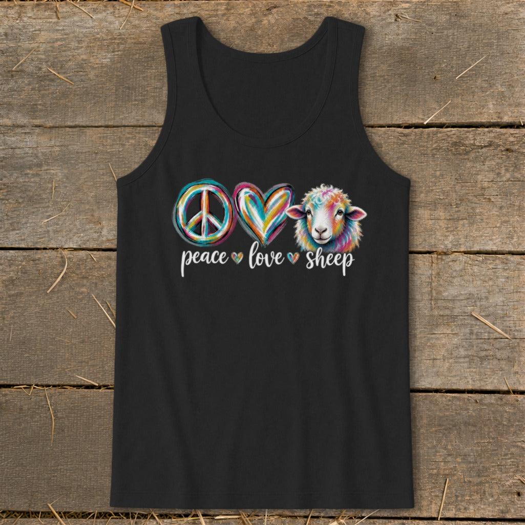 Black tank top with colorful peace sign, heart, and sheep graphic with text.
