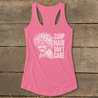 Pink tank top with white chicken graphic and text "COOP HAIR DON'T CARE".