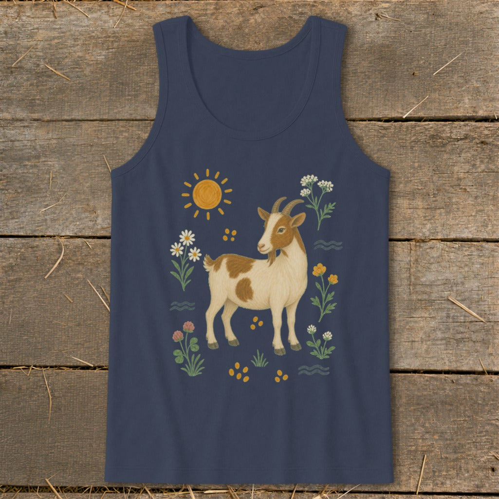 Navy tank top with brown and white goat illustration and floral accents.