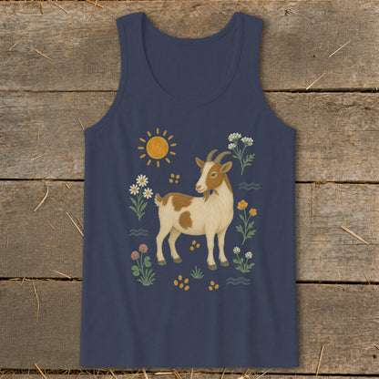 Navy tank top with brown and white goat illustration and floral accents.