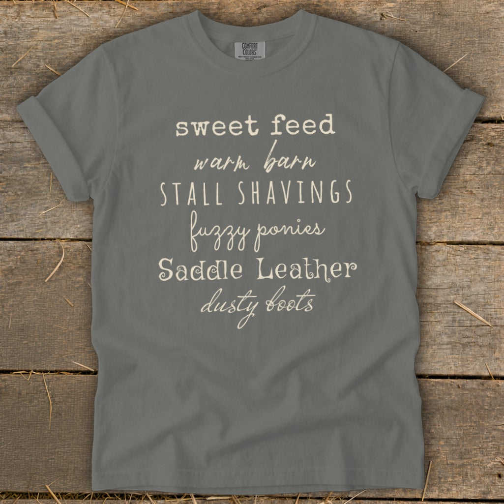 Gray t-shirt with "sweet feed warm barn stall shavings fuzzy ponies saddle leather dusty boots" text.