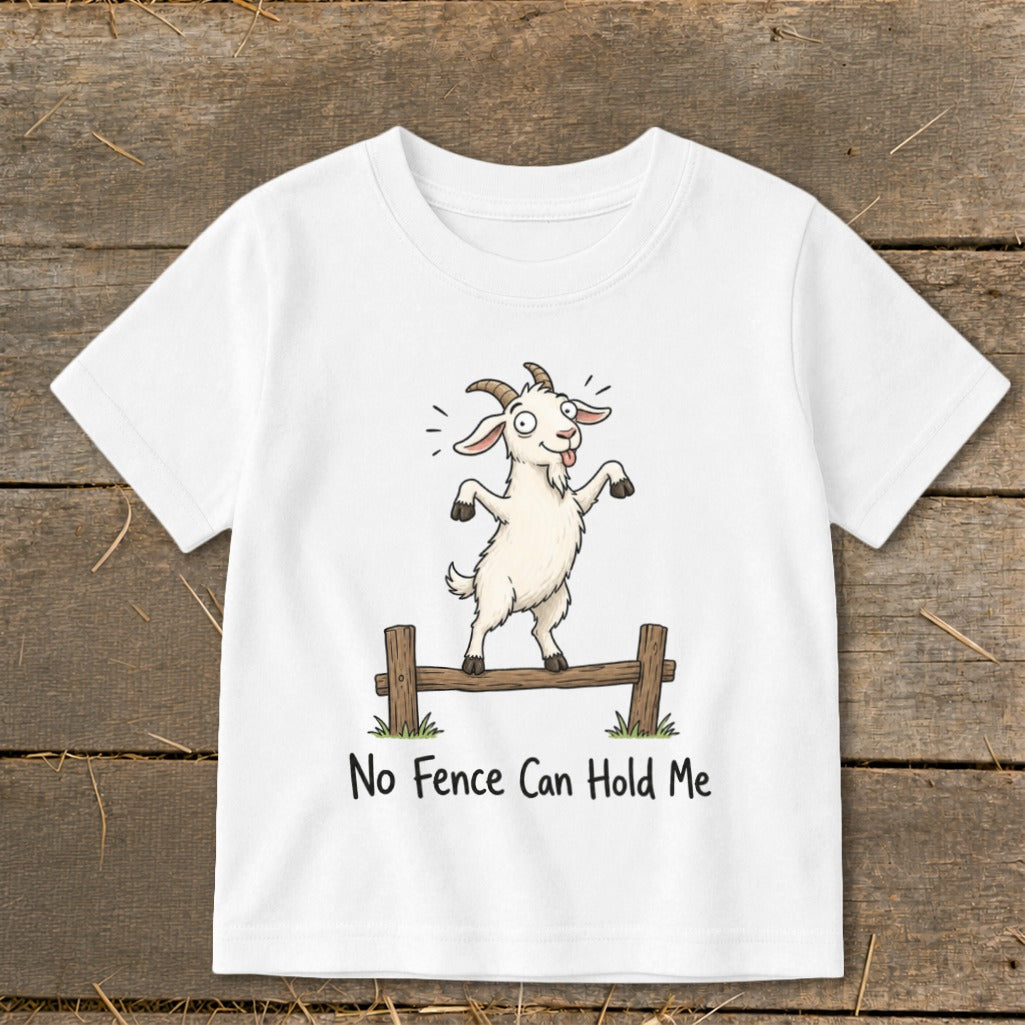 White t-shirt with cartoon goat on fence, text "No Fence Can Hold Me".