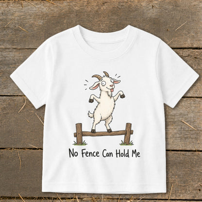 White t-shirt with cartoon goat on fence, text "No Fence Can Hold Me".