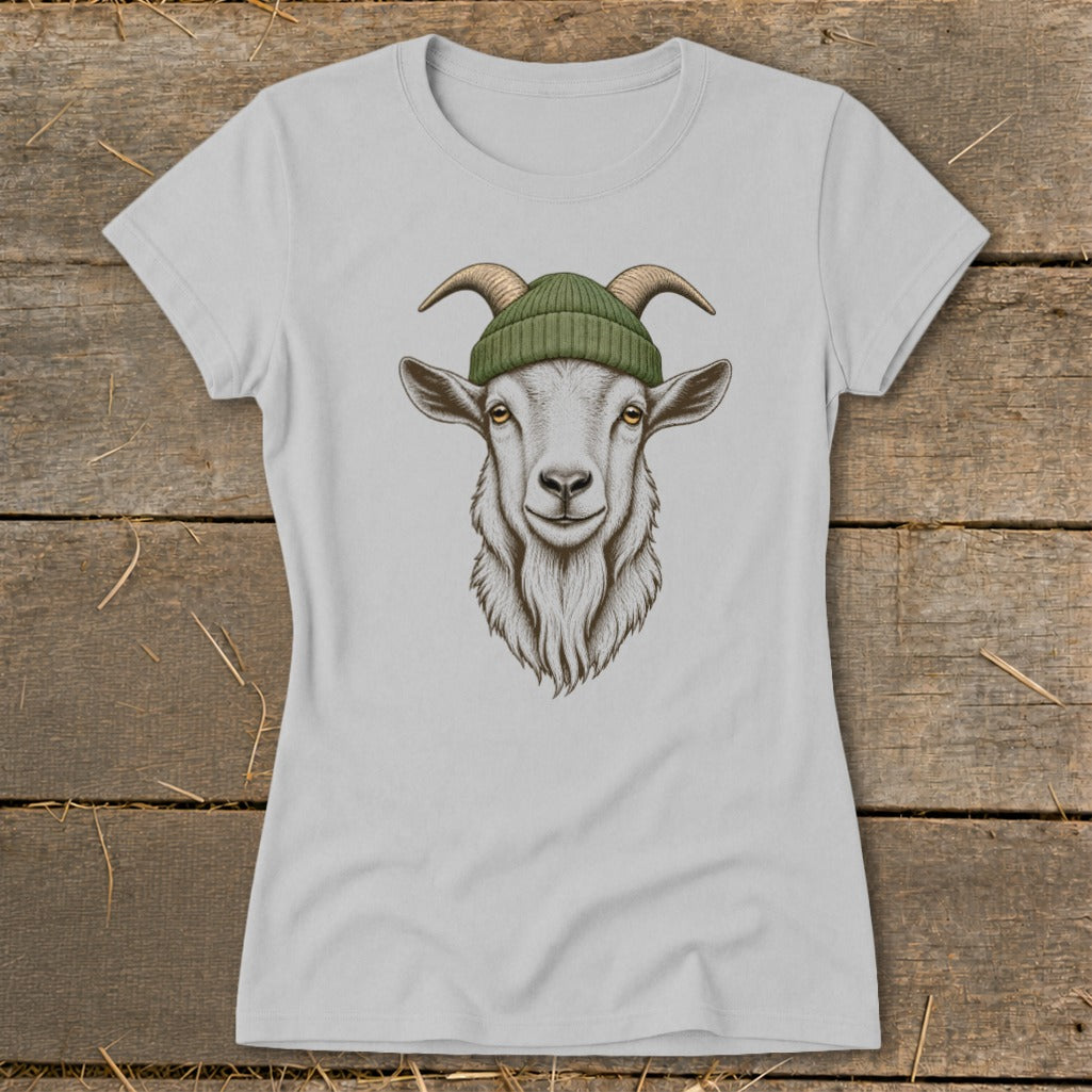 Gray t-shirt with a drawing of a goat wearing a green beanie.