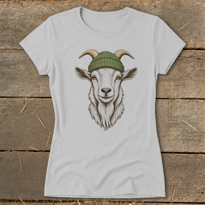 Gray t-shirt with a drawing of a goat wearing a green beanie.