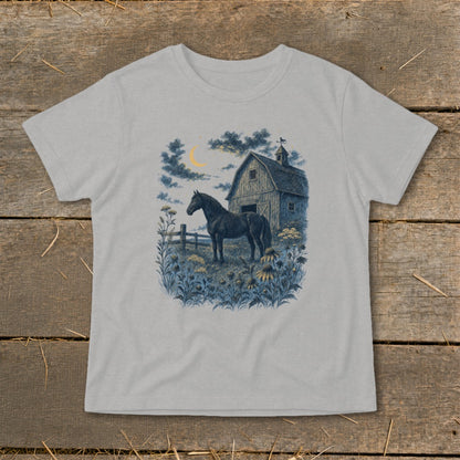 Dark horse in a field with a barn and crescent moon at night.