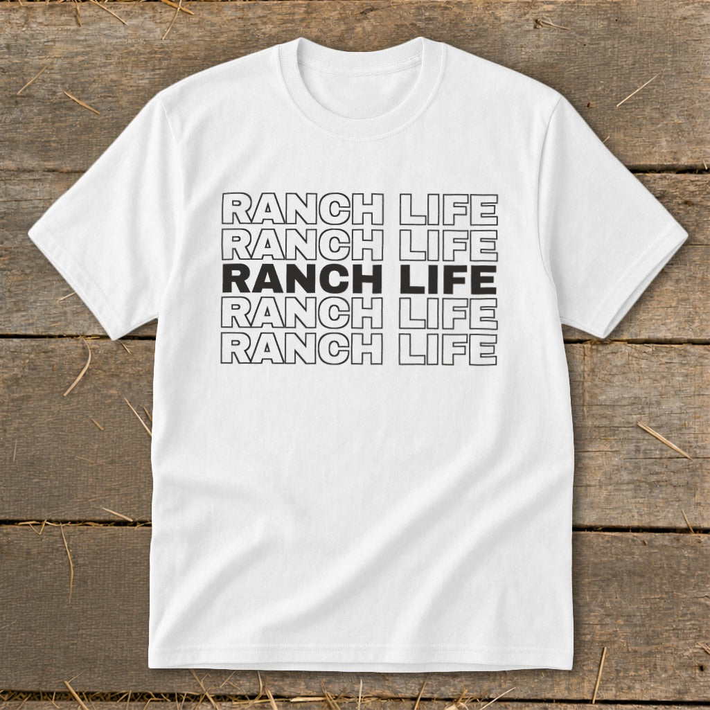 A white crewneck t-shirt featuring stacked outline text with the middle line solid black, reading RANCH LIFE.