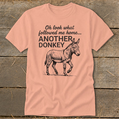 Peach t-shirt with sketch of a walking donkey and text: "Oh look what followed me home... ANOTHER DONKEY"