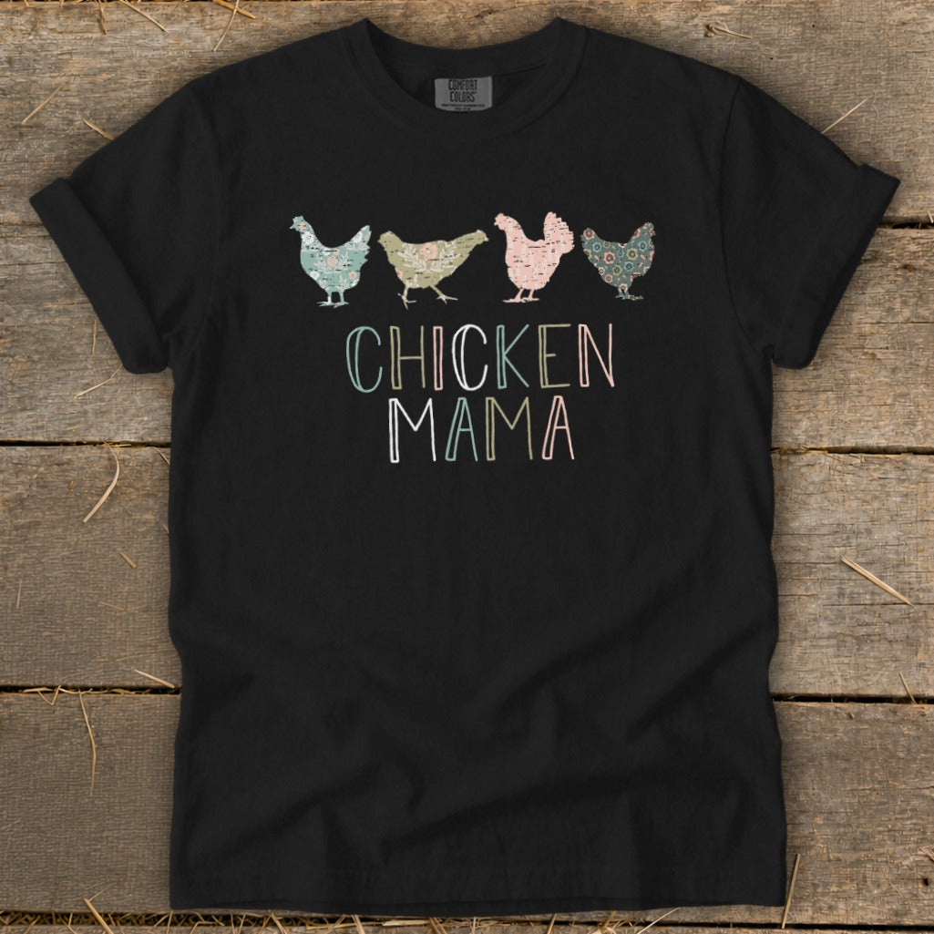 Black t-shirt with four patterned chickens and "CHICKEN MAMA" text.