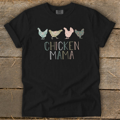 Black t-shirt with four patterned chickens and "CHICKEN MAMA" text.