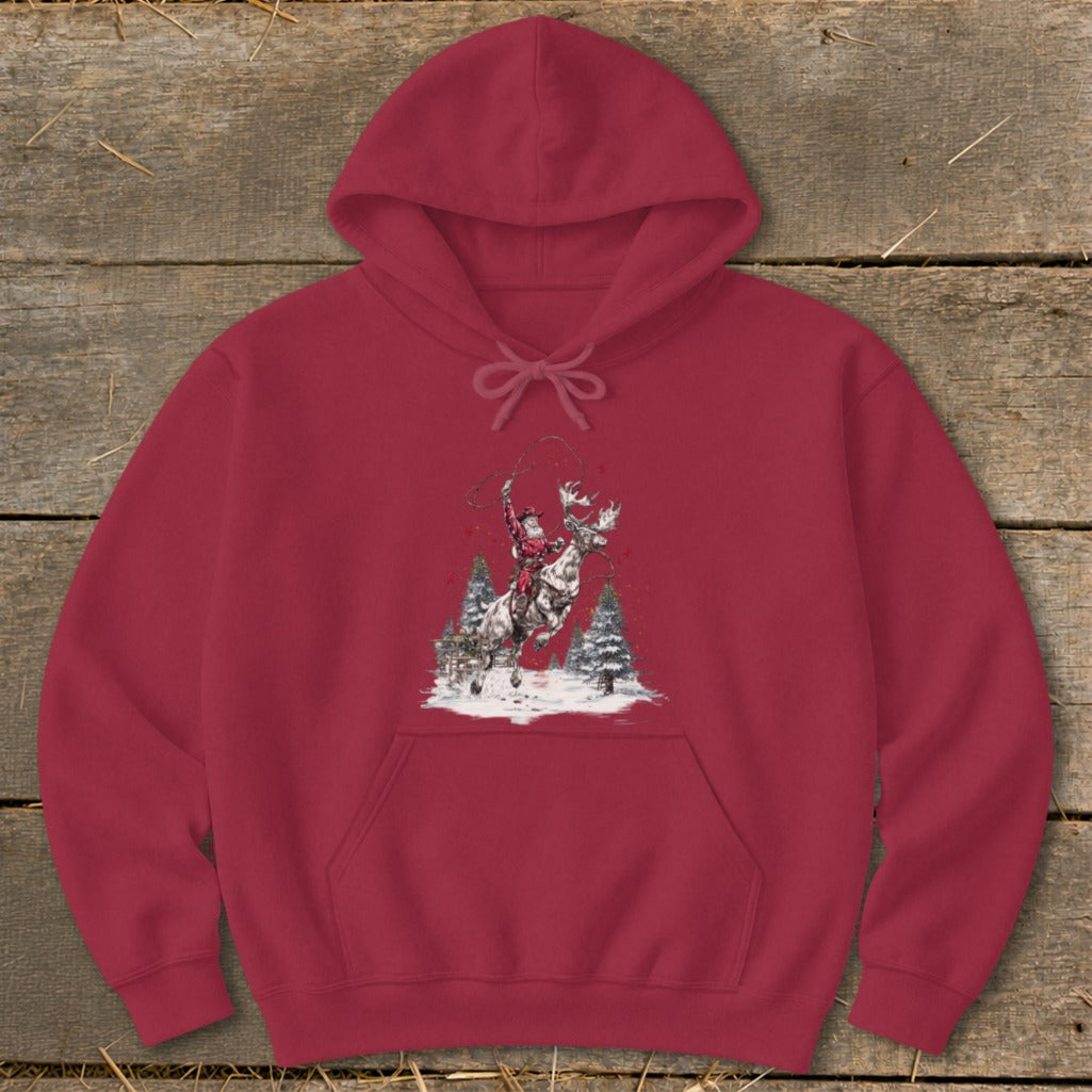 Red hoodie with a graphic of Santa riding a moose, lassoing.