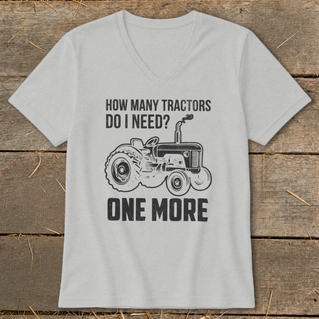 Gray t-shirt with a tractor graphic and text "How many tractors do I need? One more".