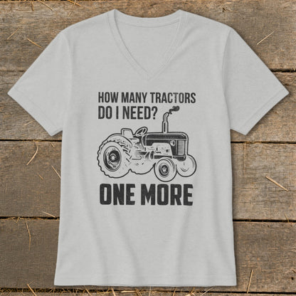 Gray t-shirt with a tractor graphic and text "How many tractors do I need? One more".