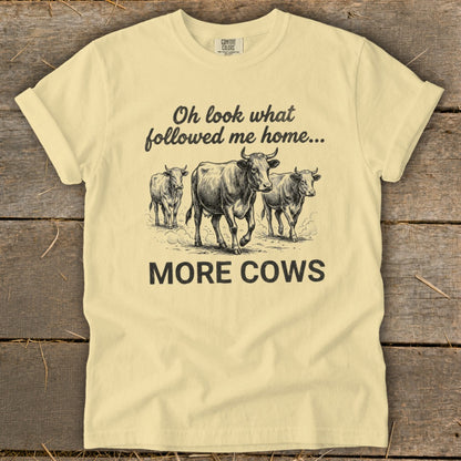 Yellow t-shirt with "Oh look what followed me home... MORE COWS" and drawing of three cows.