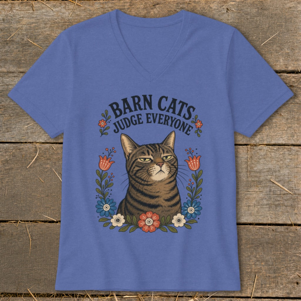 Purple v-neck t-shirt with a tabby cat design and text "Barn Cats Judge Everyone".