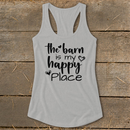 Gray tank top with black text "the barn is my happy place".