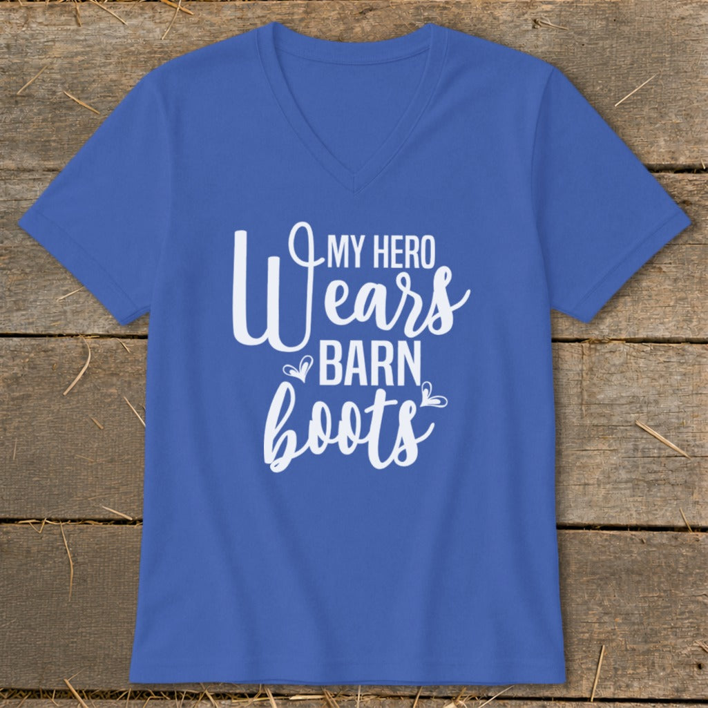 Blue v-neck t-shirt with white text reading "MY HERO Wears BARN boots".