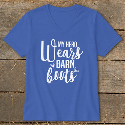Blue v-neck t-shirt with white text reading "MY HERO Wears BARN boots".