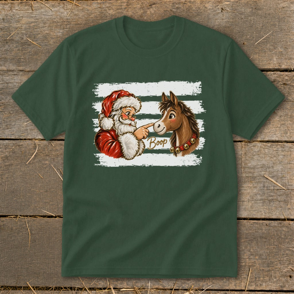 Santa booping a horse on the nose with the word "Boop" in gold text.