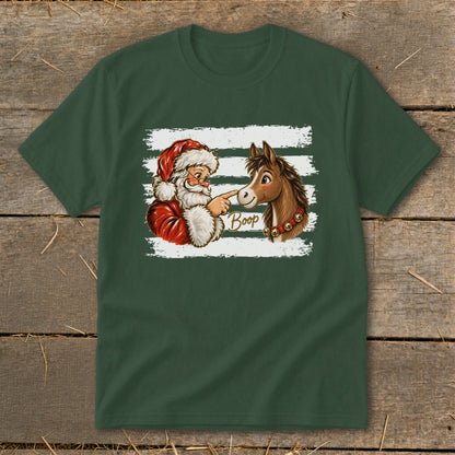 Santa booping a horse on the nose with the word "Boop" in gold text.