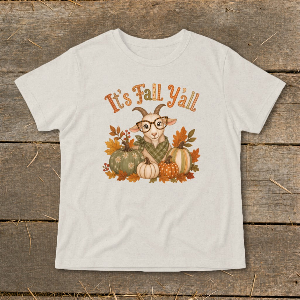 T-shirt with a cute goat, pumpkins, and "It's Fall Y'all" text.