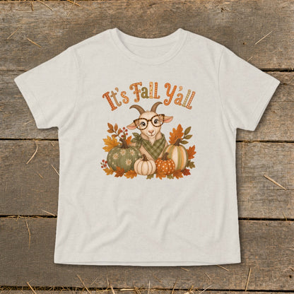 T-shirt with a cute goat, pumpkins, and "It's Fall Y'all" text.