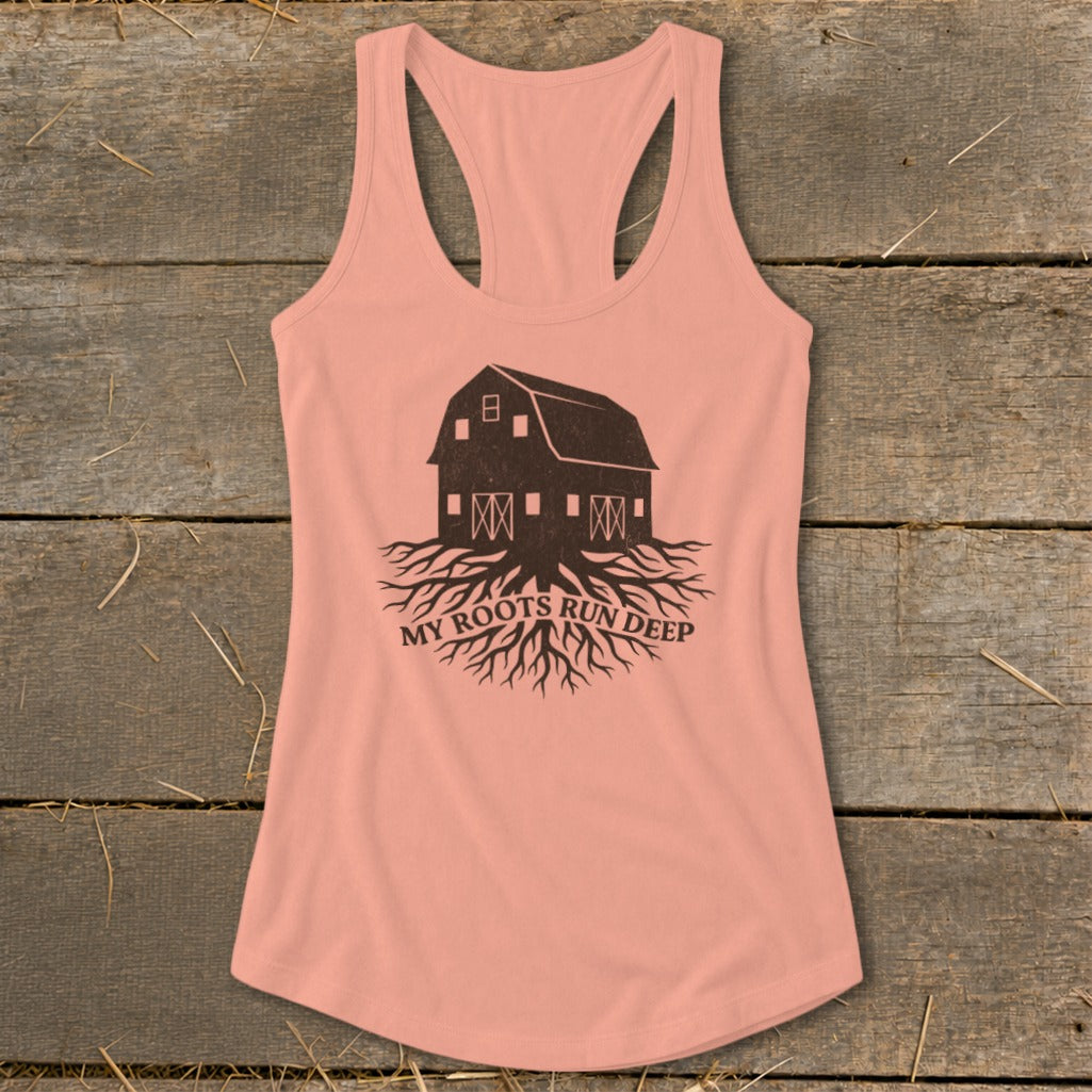 Peach tank top with barn and roots graphic and text "MY ROOTS RUN DEEP".