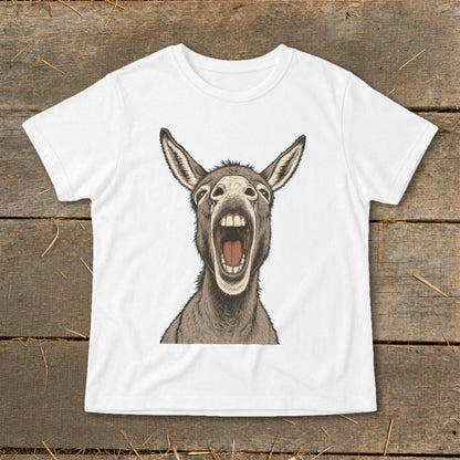 White t-shirt featuring a cartoon donkey with its mouth wide open.