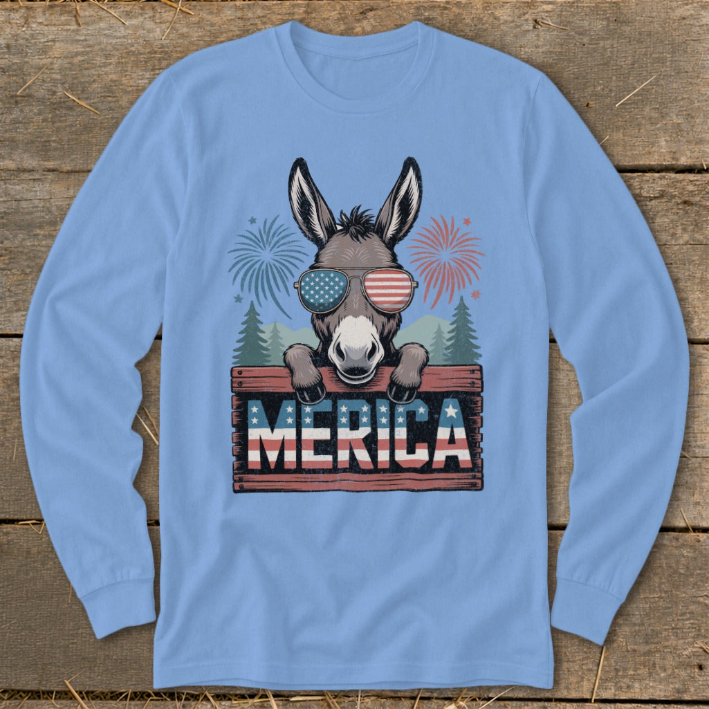 Donkey wearing American flag sunglasses, above "MERICA" sign, with fireworks.
