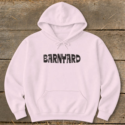 Light pink hooded sweatshirt featuring the word BARNYARD in black distressed text across the chest.