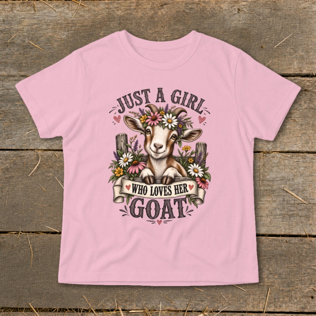 Pink t-shirt with a graphic of a goat wearing a flower crown and text "Just a girl who loves her goat".