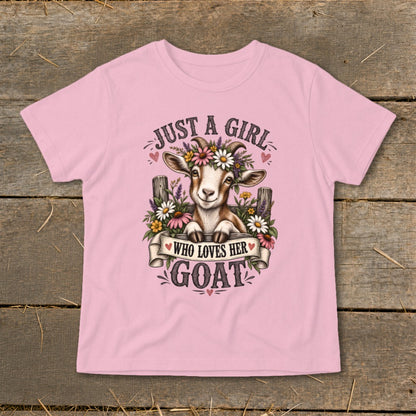 Pink t-shirt with a graphic of a goat wearing a flower crown and text "Just a girl who loves her goat".