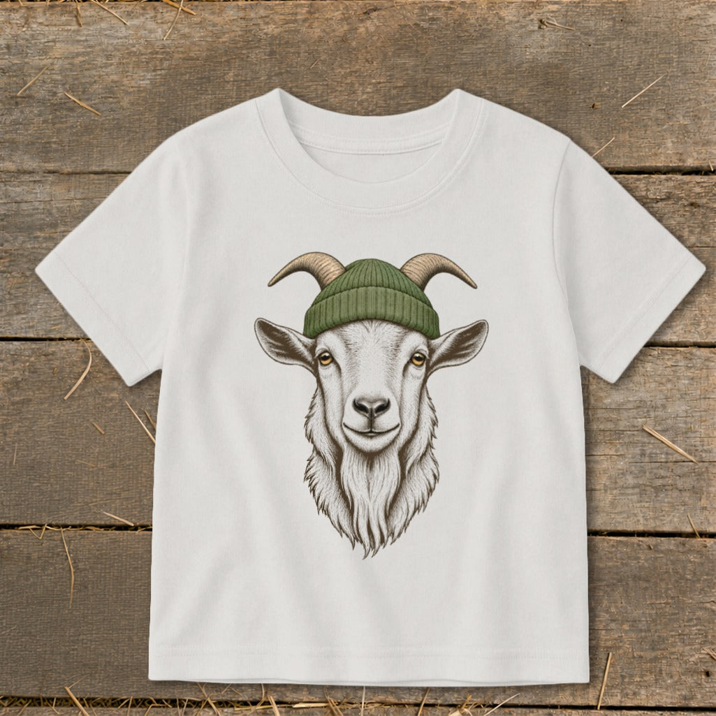 White t-shirt with a drawing of a goat wearing a green beanie.
