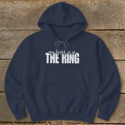 Navy blue hoodie with "my heart is in THE RING" graphic across the chest.