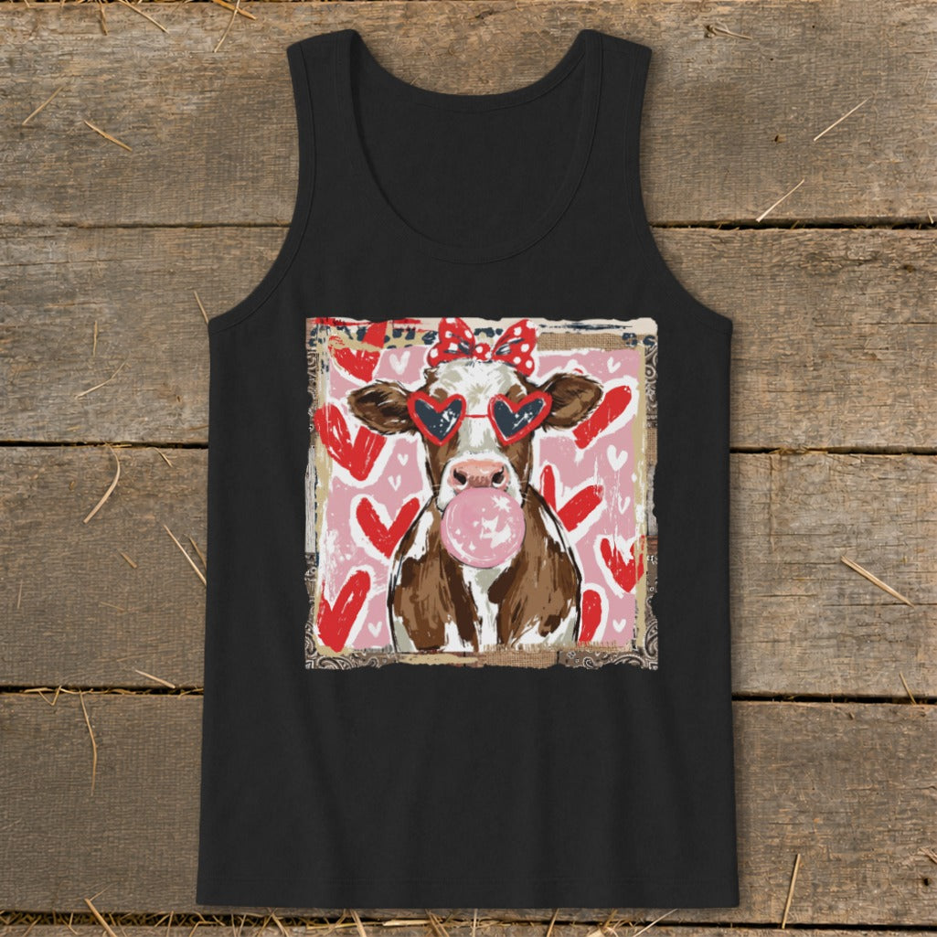 Black tank top with a cow wearing heart sunglasses blowing bubble gum.