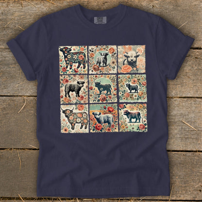 T-shirt with nine floral squares featuring cows and sheep.