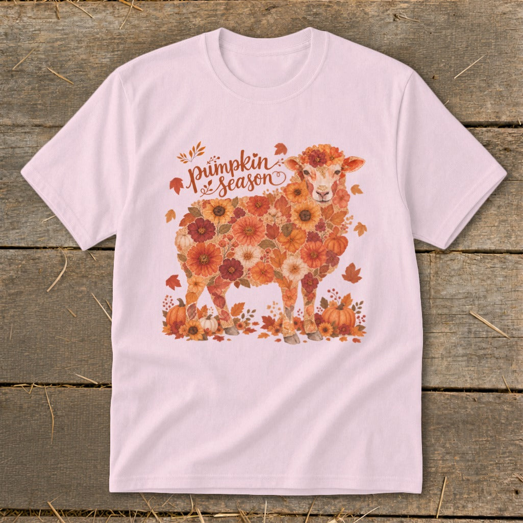 Pink t-shirt with a floral sheep design and "Pumpkin season" text.