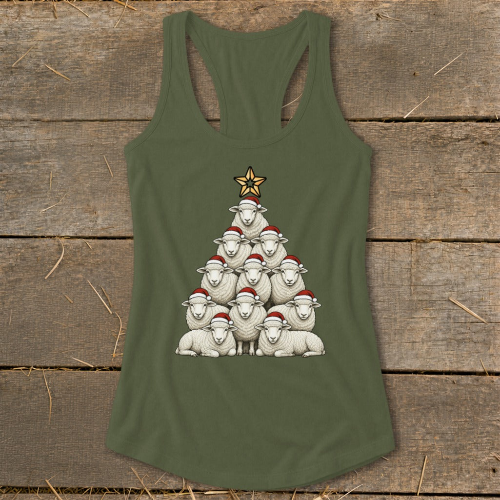 Olive green tank top with sheep arranged in a Christmas tree shape, wearing Santa hats.