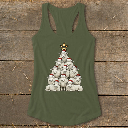 Olive green tank top with sheep arranged in a Christmas tree shape, wearing Santa hats.