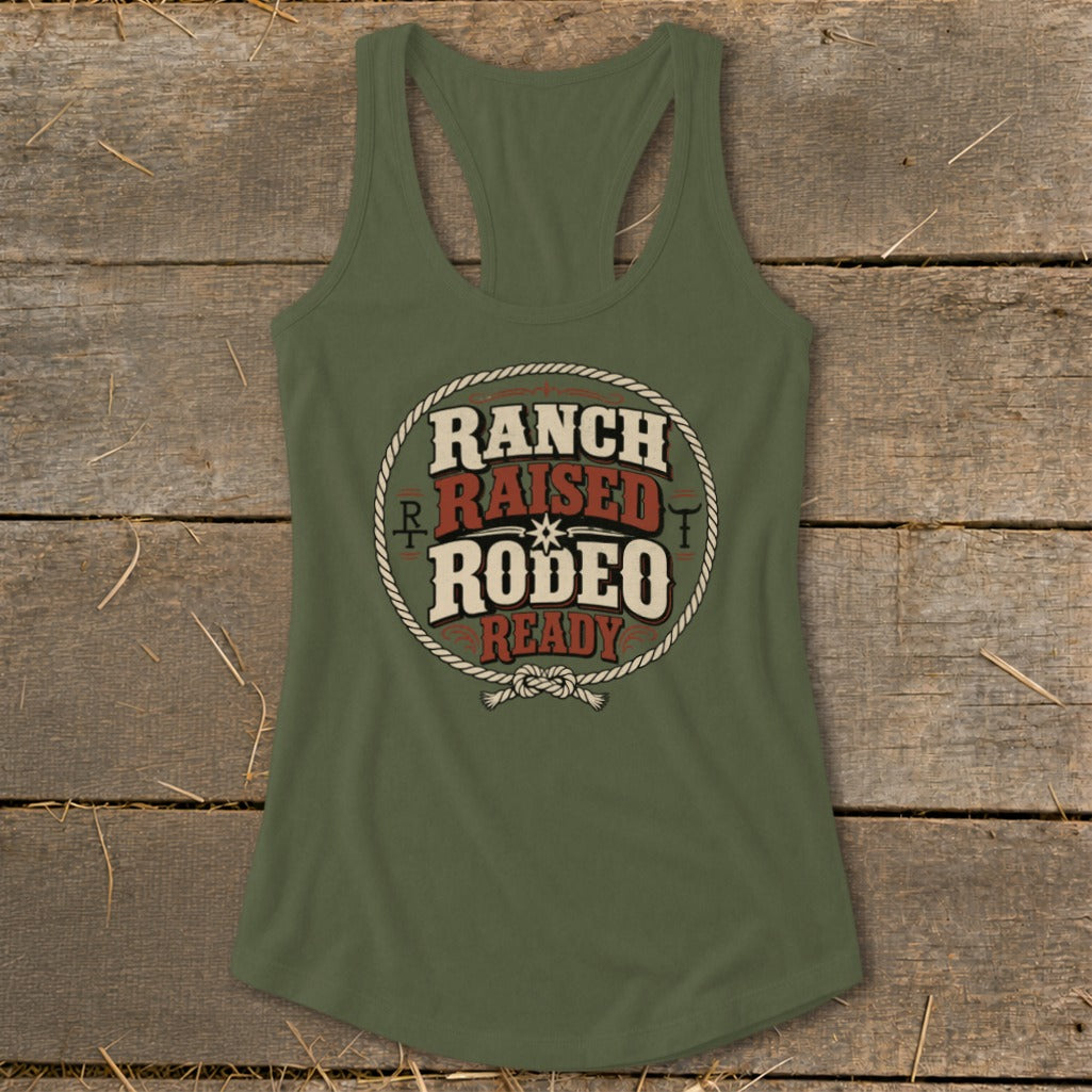 Green tank top with "Ranch Raised Rodeo Ready" graphic in a circle.