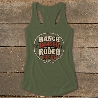 Green tank top with "Ranch Raised Rodeo Ready" graphic in a circle.
