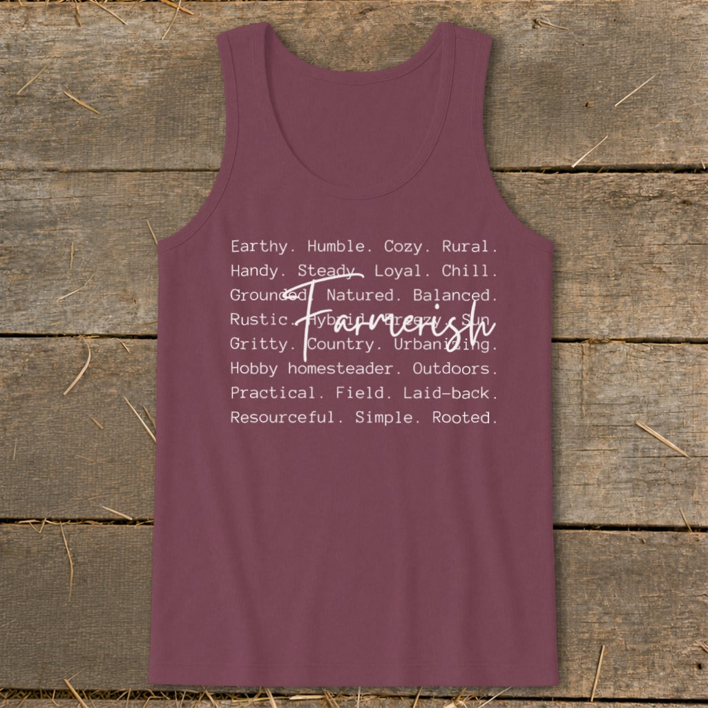 Burgundy tank top with "Farmerish" and descriptive words in white.