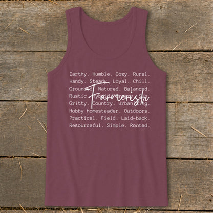 Burgundy tank top with "Farmerish" and descriptive words in white.