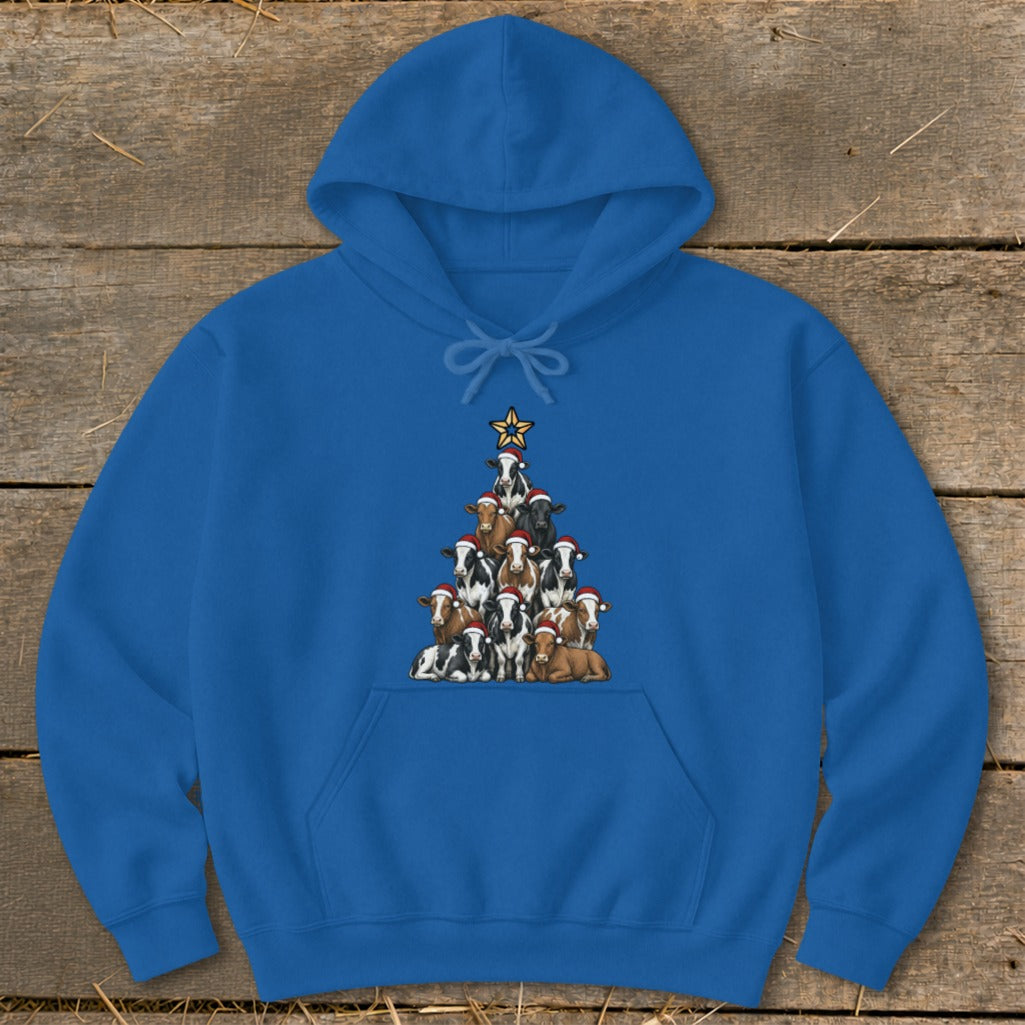Blue hoodie with cows wearing Santa hats forming a Christmas tree.