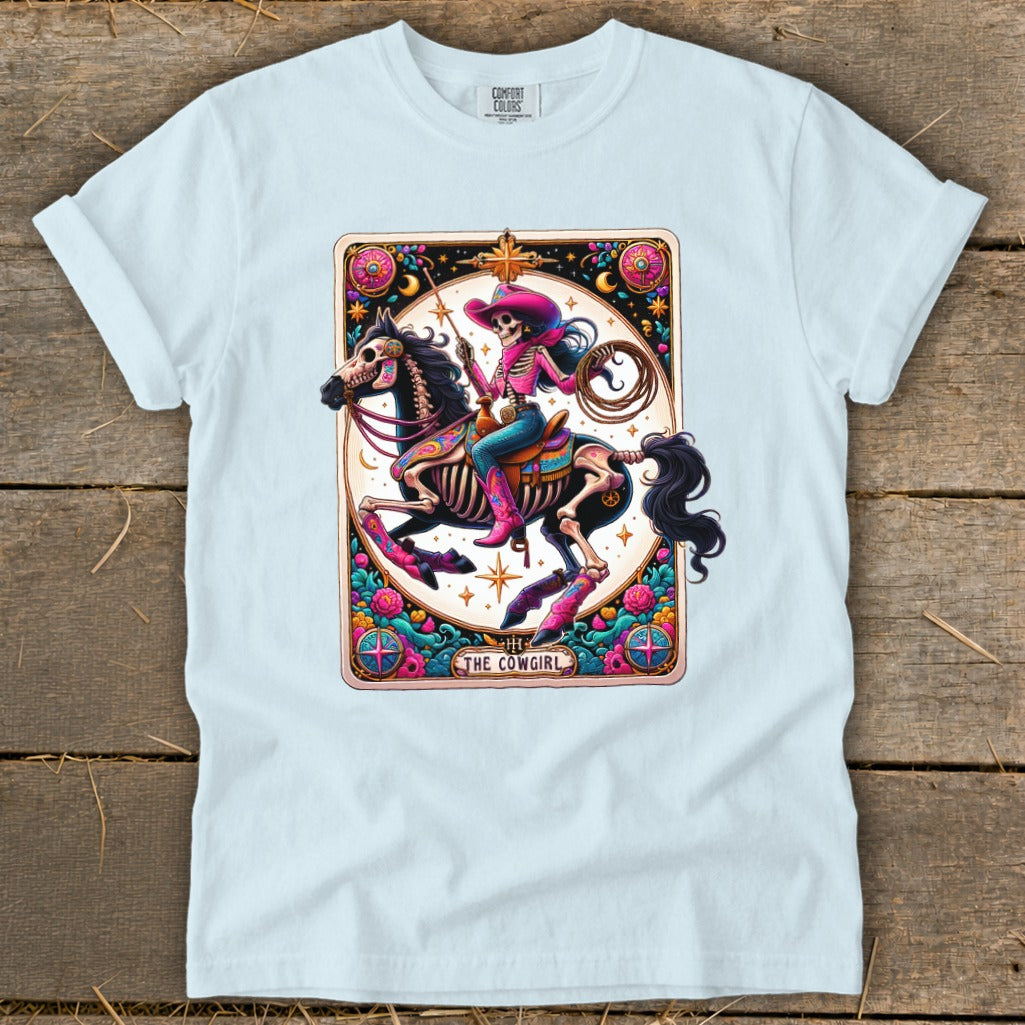 Skeleton cowgirl riding a horse, with "The Cowgirl" text below.